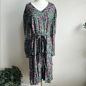 Women’s Cottagecore Boho Relaxed Tiered Long‎ Sleeve Feminine Peasant Dress L